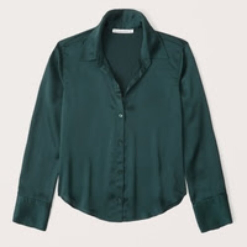 NWT Abercrombie Long-Sleeve Satin Button-Up Shirt Dark Green